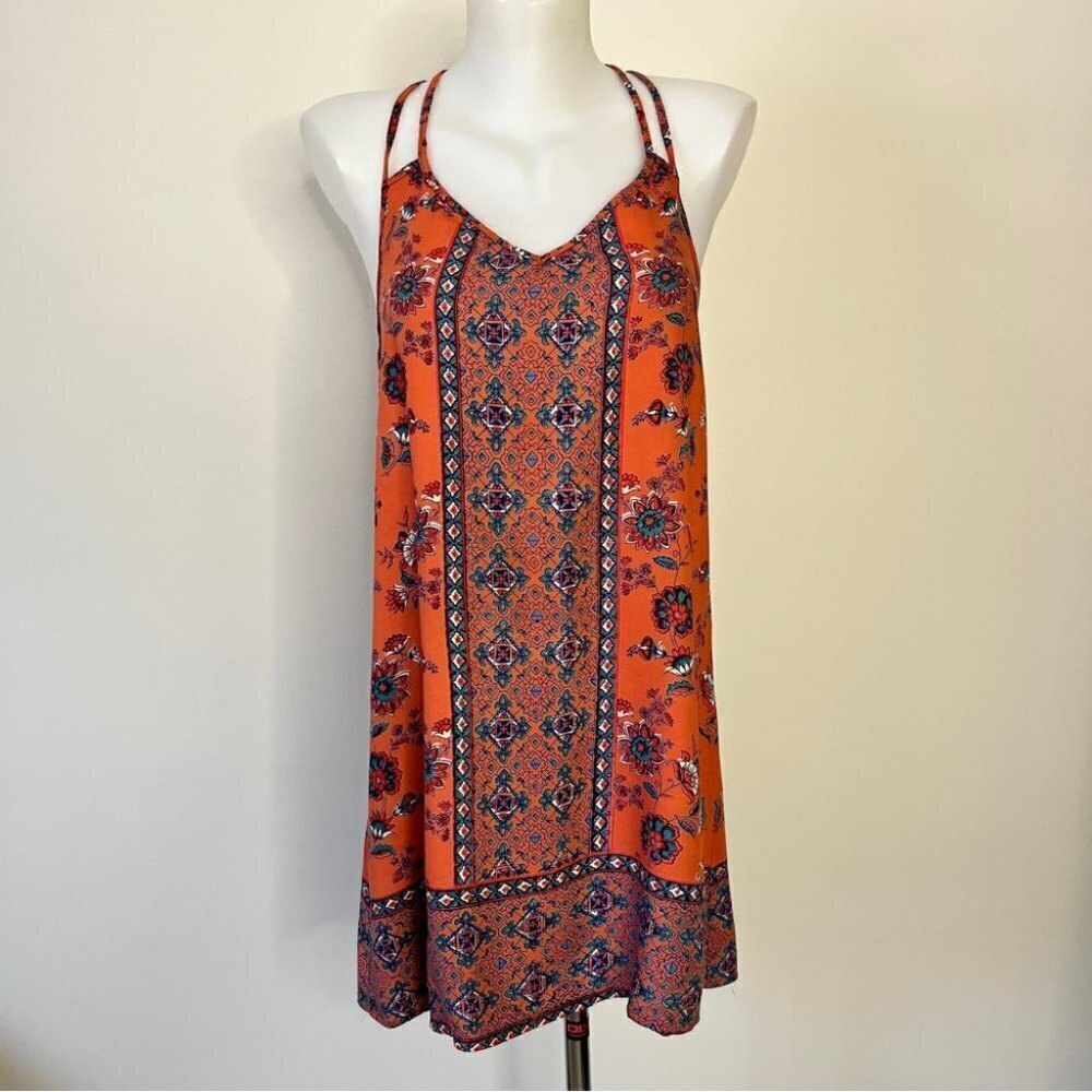 Angie Mini Dress Double Strap Racerback Orange Boho Moroccan Southwestern Sz S